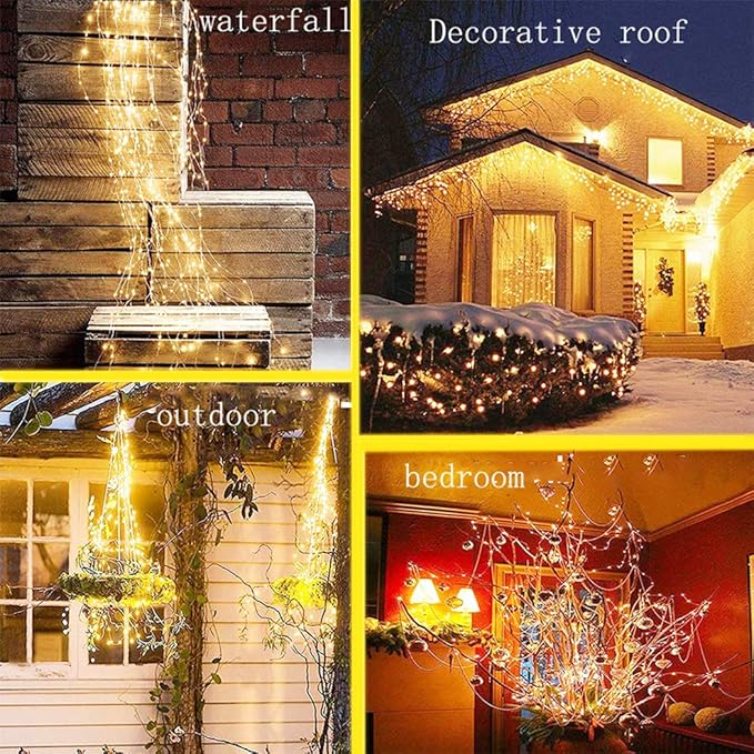 2 Pack 220 LED Firefly Bunch Lights, 8 Flashing Modes Waterproof Copper Wire Waterfall Lights, Fairy Lights for Indoor Outdoor Decor (Solar Warm White)