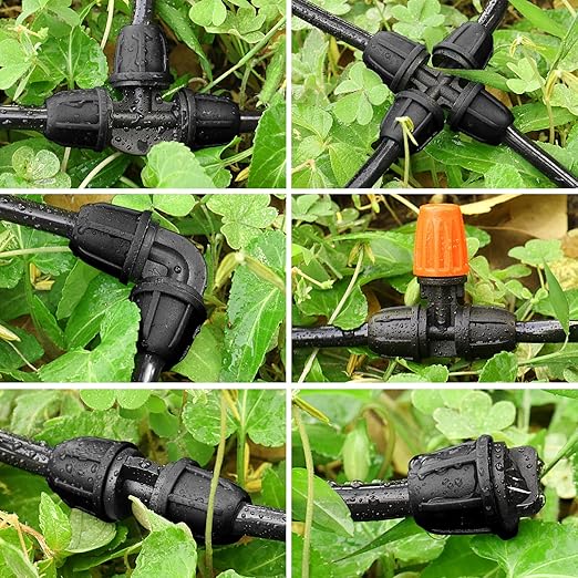 Upgraded 1/4" Drip Irrigation Fittings:60 Pieces Set-15 Couplings 15 Tees 5 Crosses 10 Elbows 10 End Plugs 5 Micro Dripper, Leak Free Barbed Locked Connectors for 1/4 Inch Irrigation Tubing