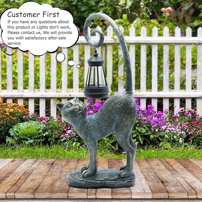 Resin Cat Statue with Solar Lantern, Eye-catching Garden Sculpture Decor,15.3" Height Outdoor Figurine for Garden Yard Patio Decorations,Birthday Gifts