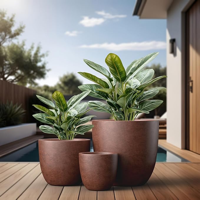 Kante 18",14",10" Dia Concrete Round Planters (Set of 3), Outdoor Indoor Large Planter Pots with Drainage Hole and Rubber Plug for Home Patio Garden, Rusty