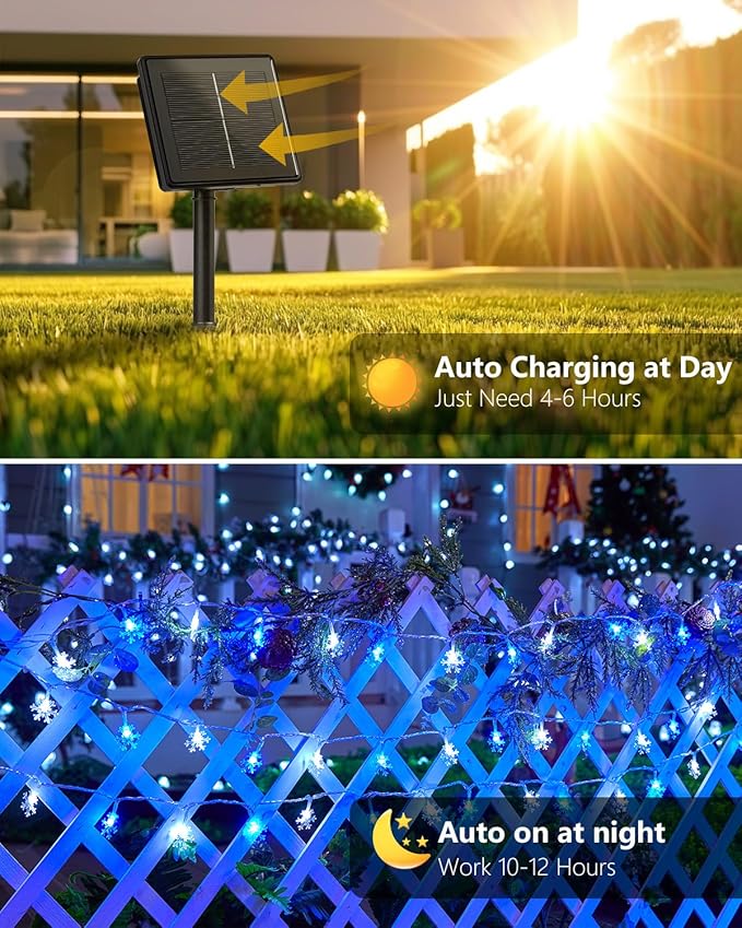 Brightown Solar Christmas Snowflake String Lights, 72FT 200 LED Outdoor Waterproof Fairy Lights with 8 Lighting Modes for Wedding, Party, Tree, Room, Garden, Patio, Yard, Home, Blue