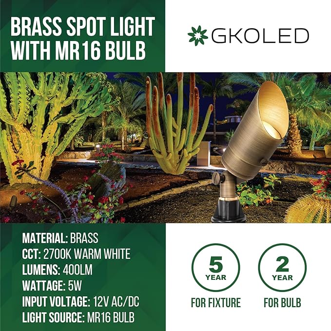 GKOLED Solid Brass Spotlight Low Voltage Landscape Lighting, LED Outdoor Lights for Garden Patio Yard, Directional Up Light with 5W MR16 Bulb, 12V 2700K Warm White