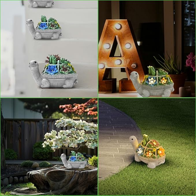 Garden Decor Statue,Solar Turtle with Succulent & 6 LED Lights - Outdoor Figurine for Lawn Decoration, Gifts for mom,Handcrafted Resin Sculpture -Garden Lovers/Mothers Day/Christmas Day Gift