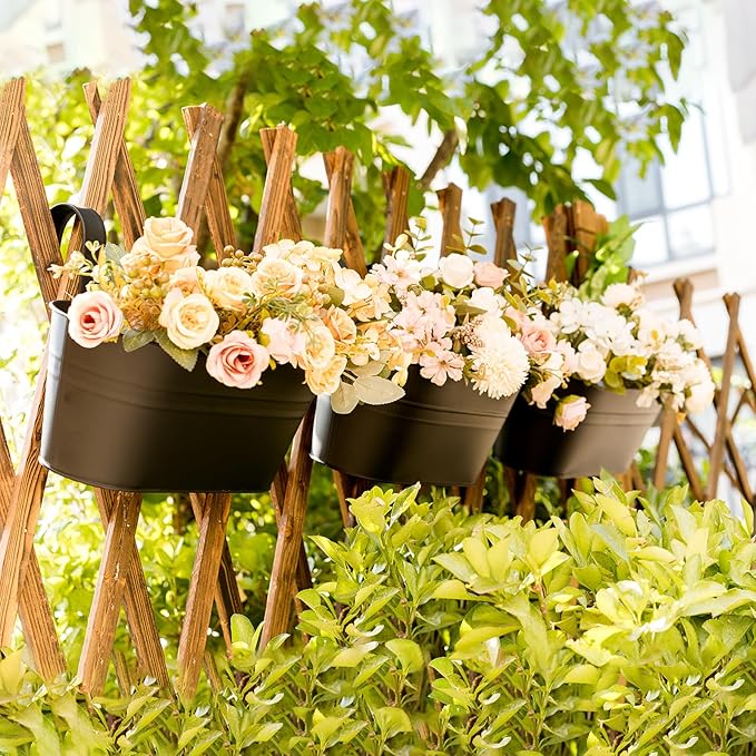 3 Pack Metal Hanging Flower Pots for Railing Fence,Outdoor Balcony Rail Planter with Detachable Hooks Drainage Holes for Deck Garden Home Decor Black