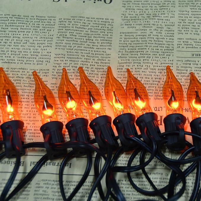 27.8Ft Flickering Flame String Lights Orange Halloween Lights with 25 Pack C7 Orange Flame Light Bulbs, Orange Flame String Lights for Halloween Decorations for Home Party Yard (2 Spare Bulbs)