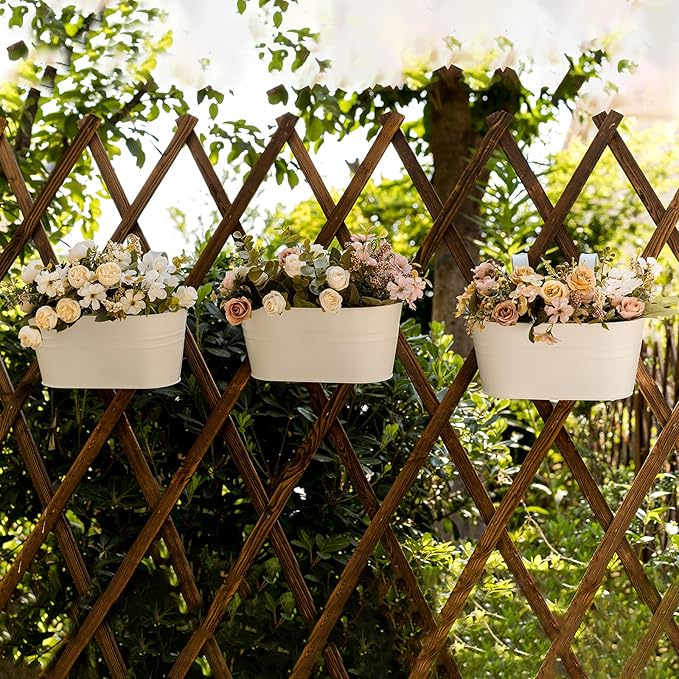 3 Pack Metal Hanging Flower Pots for Railing Fence,Outdoor Balcony Rail Planter with Detachable Hooks Drainage Holes for Deck Garden Home Decor White