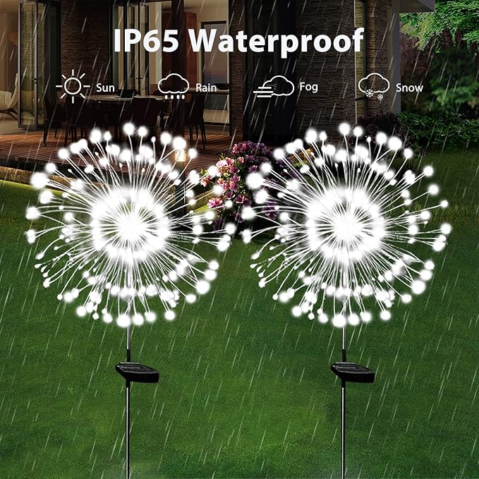 Solar Garden Lights Solar Firework Light Outdoor Waterproof 2 Pack Solar Powered Art Stake Twinkle Lights Outside Decor 180 LED Sparklers String Light for Yard Pathway Decorations (White)