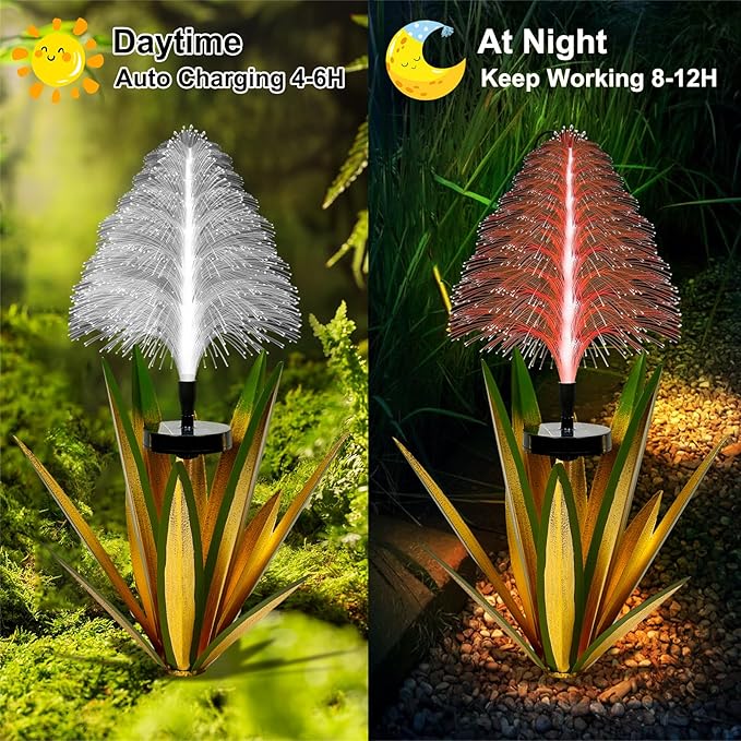 Metal Outdoor Decoration Gift Christmas Decorations Outdoor Metal Agave Yard Art Garden Lights Solar Outdoor, 7 Color Changing Garden Yard Pathway Xmas Decor Waterproof(2 pcs Light Green)