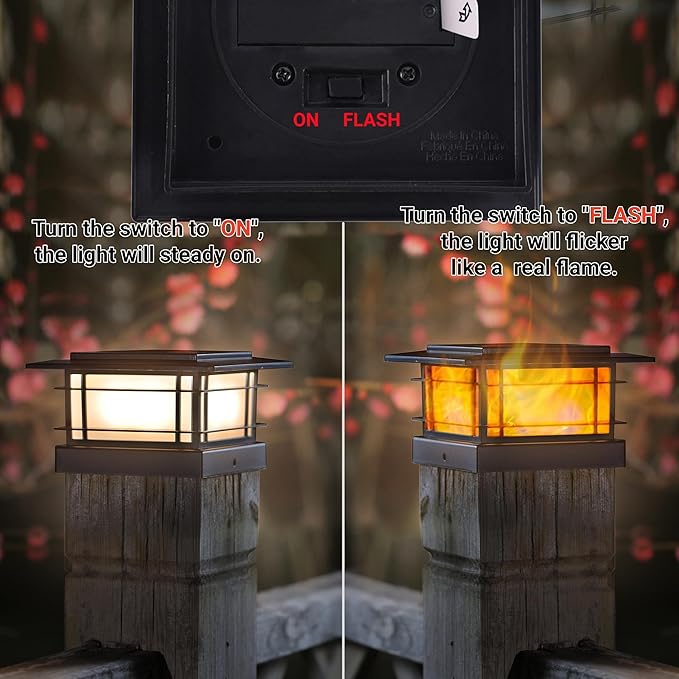 Dynaming 4 Pack Solar Flame Post Lights Outdoor, Solar Powered Fence Post Cap Lights, High Brightness Flickering Flame SMD LED Lighting Decor for Garden Deck Patio, 4x4, 5x5 or 6x6 Vinyl/Wooden Posts