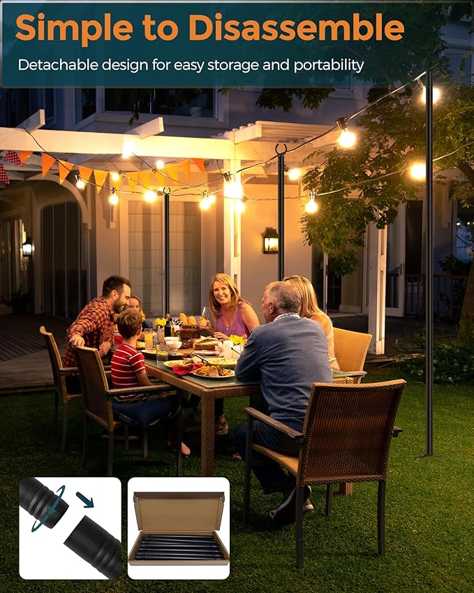 LAND·VOI Metal String Light Poles for Outside Hanging - Backyard, Garden, Patio, 4 Pack Lighting Stand with Adjustable Height for Outdoor Parties, Wedding, Extra-Long 5-Prong Claws, (9.6FT) FLP04B