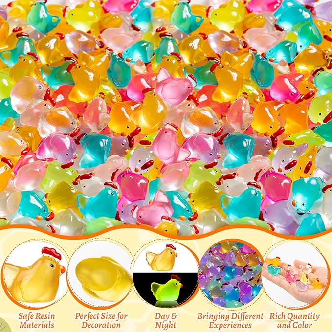 192PCS Luminous Mini Resin Chickens Miniature Animals, Tiny Chickens Miniature Figurines Glow in The Dark for Micro Garden, Potted Plant, DIY, Home Outdoor Party Decor (8 Colors)