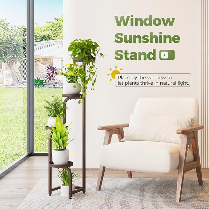 Bamworld Tall Plant Stand Indoor Outdoor, Corner Metal Flower Pot Stands for Multiple Plants, 4 Tier Brown Heavy Duty Plant Shelf for Patio Garden Balcony Living Room Bedroom