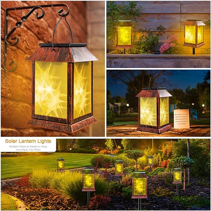 Solar Lanterns Outdoor Waterproof Upgraded Flashing Mode Solar Lantern Outdoor Lights Vintage Medieval Decor 3D Starry Hanging Outdoor Lanterns Lights Stake Lights for Yard Garden Decor(2PCS)