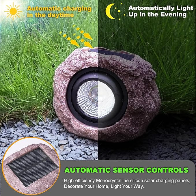 Outdoor Solar Rock Light, Waterproof LED Solar Spotlight, Garden Landscape Lights, Decorative Garden Rock Lights for Paths, Sidewalks, Patio and Landscaping - 2 Pack