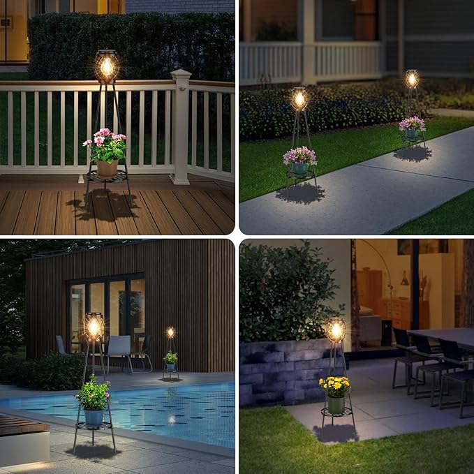 Solar Floor Lamp with Plant Stands,Solar Lights Outdoor with Vintage LED Edison Bulbs, Weatherproof Garden Lights for Pathway, Patio, Yard, 8-10 Hours Lighting, IP55 Waterproof
