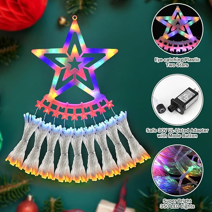 Christmas Decoration Lights, Outdoor Christmas String Lights 320 LED 11.5 Ft Waterfall Tree Lights with Big Star Topper 8 Light Modes for Christmas New Year Holiday Garden Yard Indoor Outdoor Decor