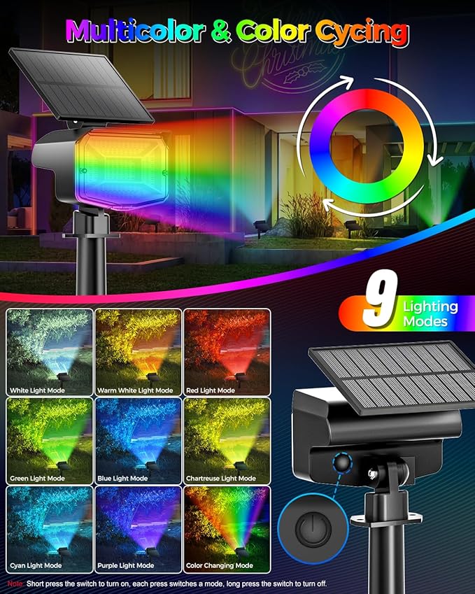 Solar Lights Outdoor Color Changing, 85 LEDs 9 Lighting Modes RGB Solar Outdoor Lights, IP67 Waterproof Multicolor Landscape Spotlights for Halloween Holiday Decorations (2 Pack)