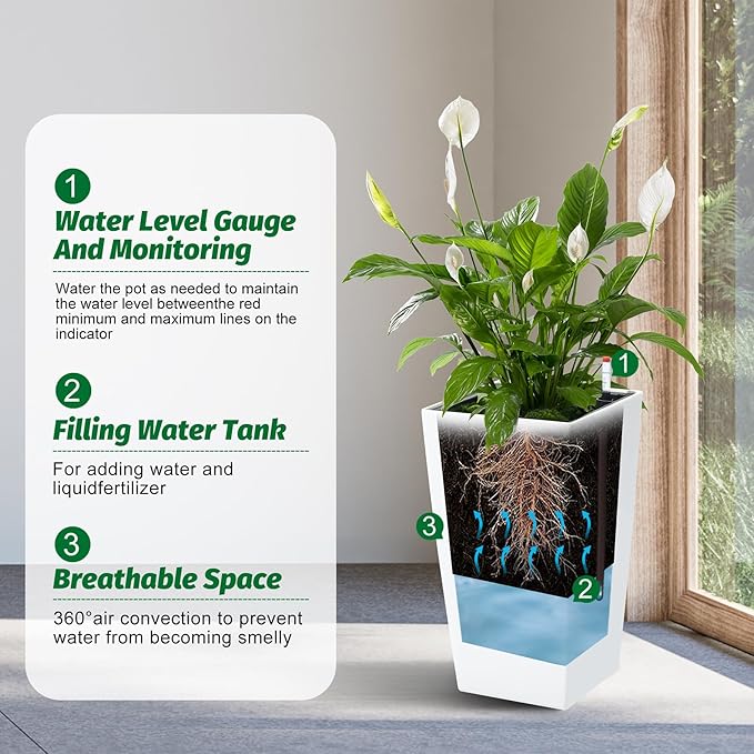 16" Tall Planters Set of 2, Outdoor&Indoor Black Planter Pots, High Front Porch Planter Pots with Drainage Holes&Water Level Monitor&Inner Bucket, Automatic Watering,White