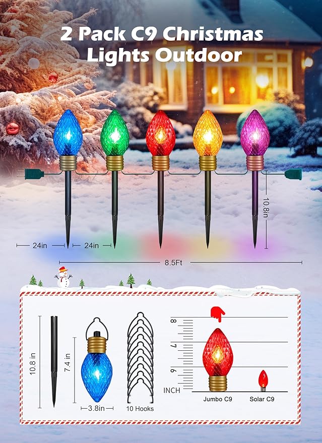 Brightown 2 Pack Strawberry Jumbo C9 Christmas Pathway Lights Outdoor Decorations Lawn,Total 17 Ft 10 LED String Lights Covered Jumbo Multicolored Walkway Lights Bulb for Holiday Outside Yard Decor