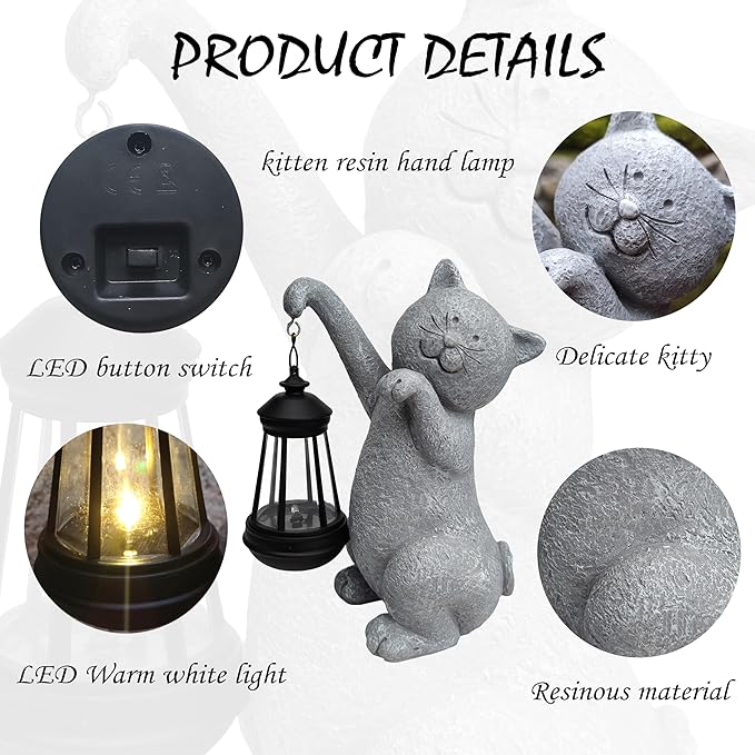 Cat Solar Garden Statues,Resin Cat Figurine Decorations with Solar Lights Lantern, Outdoor,Statue Decor Art for Lawn,Yard,Unique Housewarming Gift for Garden Home
