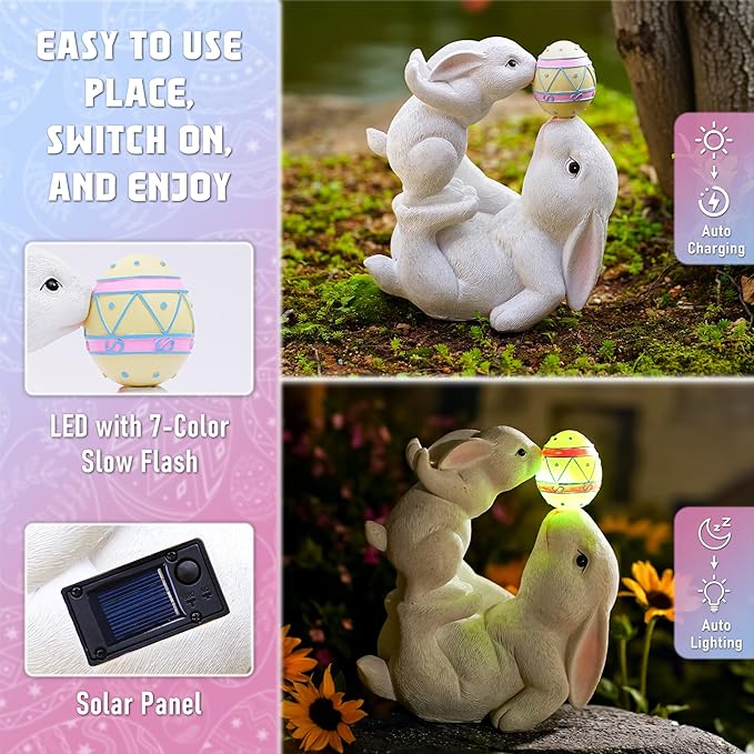 Easter Bunny Decor Solar Garden Outdoor Statues with Easter Egg LED Lights โ Garden Rabbit Statue Outdoor Yard decorations for Patio,Lawn,Ornaments โ Unique Easter Gifts for Birthday,Women,Mom
