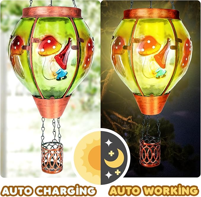 4 Pack Solar Hot Air Balloon Lantern with Flame, Mushroom Gnome Glass Solar Hanging Lanterns Outdoor for Outside Garden Patio Tree Porch Yard, Mushroom Gifts for Women Grandma Mom - Mushroom