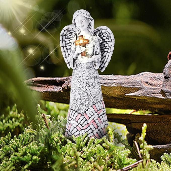 Angel Garden Statues Outdoor Solar Decor Gifts for Women Cross Praying for Cemetery Backyard Lawn Yard Decoration(10.24inch)