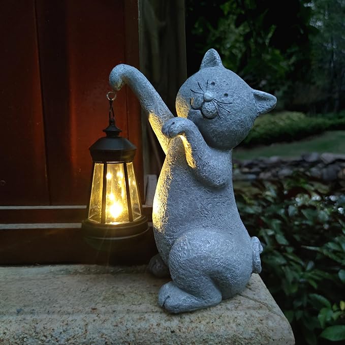 Cat Solar Garden Statues,Resin Cat Figurine Decorations with Solar Lights Lantern, Outdoor,Statue Decor Art for Lawn,Yard,Unique Housewarming Gift for Garden Home