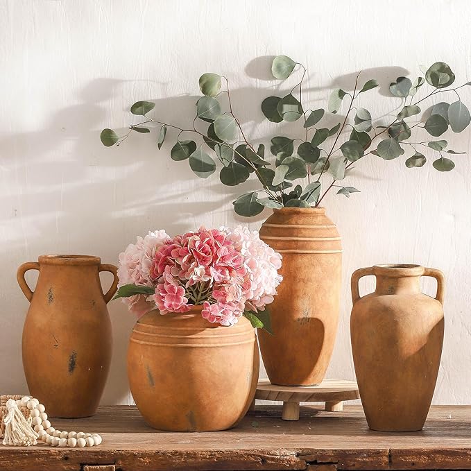 Large Ceramic Flower Vase,11.3 inch Terracotta Vase with 2 Handles, Rustic Farmhouse Vases, Decorative Pottery Flower Vases for Home Decor, Living Room Shelf Decor, Table
