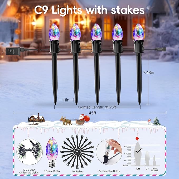 Upgraded 45FT C9 Christmas Pathway Lights Outdoor, 40 C9 LED Bulbs with Stakes, Extendable Waterproof Christmas Lights for Walkway Driveway House Garden Decorations - Multicolor