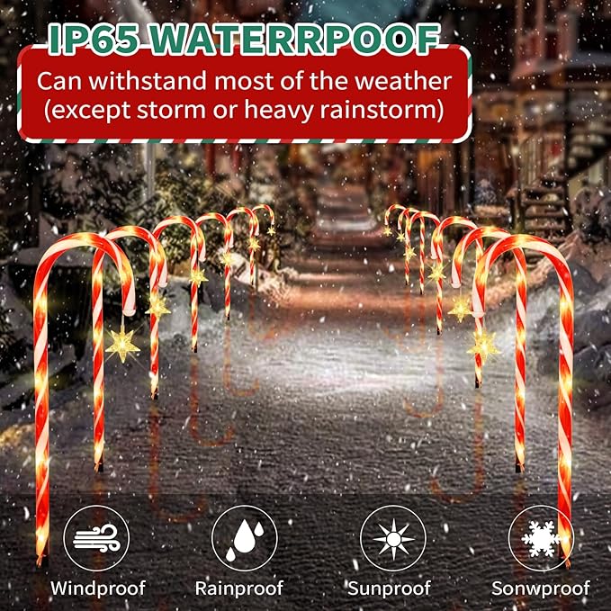 22" Candy Cane Lights Outdoor Pathway 2PK 12 PCS Candy Cane Christmas Decorations 8 Modes Solar Candy Cane Lights with Star Total 15FT Christmas Pathway Lights Outdoor for Xmas Yard Garden Walkway