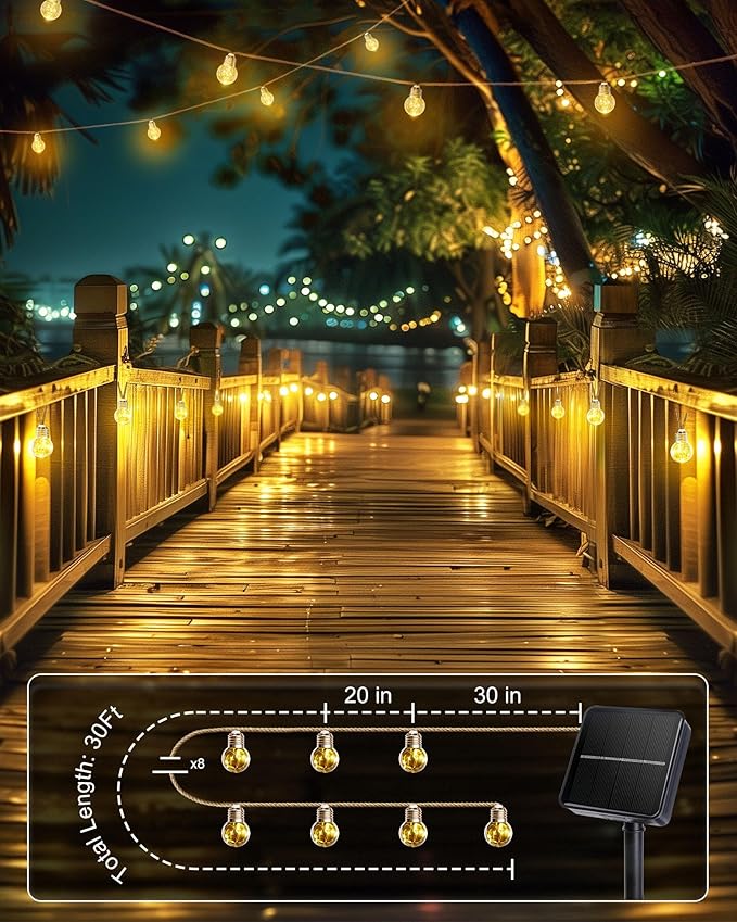Brightown Solar String Lights Outdoor, 30Ft Vintage Hemp Rope Solar Patio Lights with 15 Shatterproof Bulbs, 8 Light Modes Waterproof Hanging Lights for Backyard Fence Café Bistro Decor, Warm White