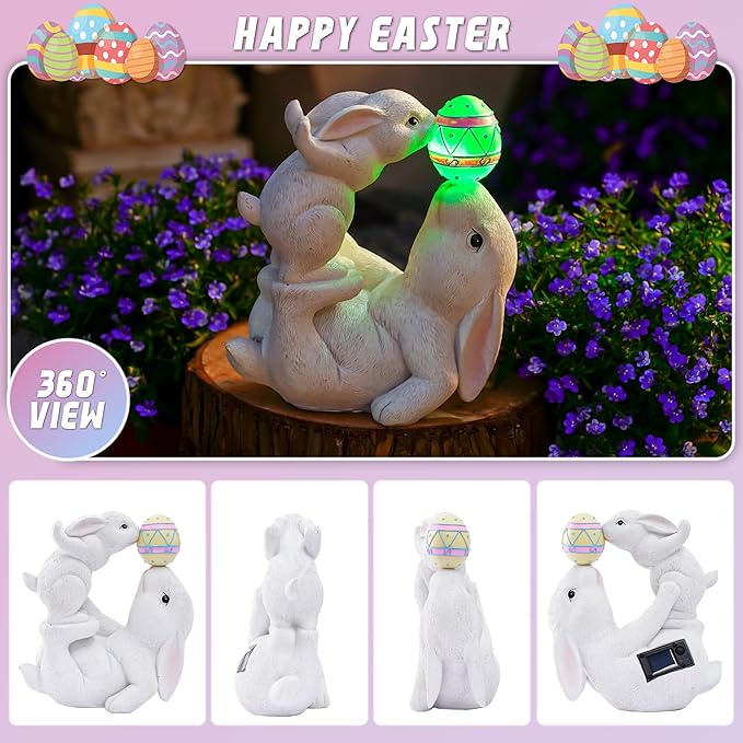 Easter Bunny Decor Solar Garden Outdoor Statues with Easter Egg LED Lights โ Garden Rabbit Statue Outdoor Yard decorations for Patio,Lawn,Ornaments โ Unique Easter Gifts for Birthday,Women,Mom