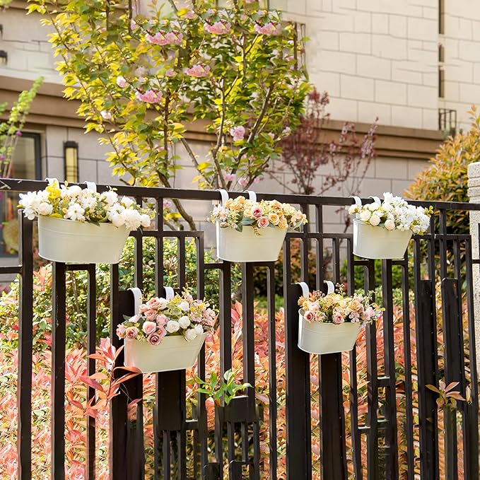 5 Pack Metal Hanging Flower Pots for Railing Fence,Outdoor Balcony Rail Planter with Garden Tools Detachable Hooks Drainage Holes for Deck Garden Home Decor White