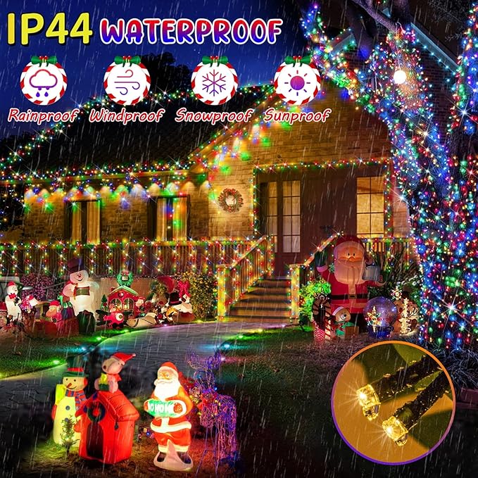 Hezbjiti 337 FT 720 LED Color Changing Christmas Lights Outdoor, 11 Modes String Lights IP44 Waterproof Fairy Light for Party Tree Garden Wedding Decorations (Warm White to Multicolor, Green Wire)