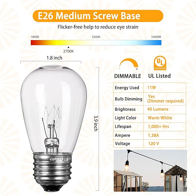 Moonflor 48 Pack S14 Light Bulbs, 11 Watt Warm Commercial Grade Replacement Incandescent Glass Bulbs with E26 Medium Base for Outdoor Patio Garden Vintage String Lights