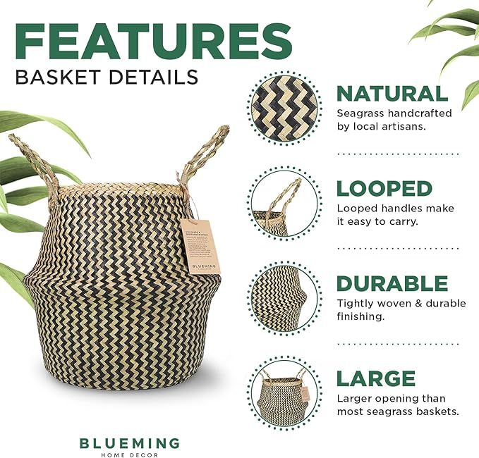 Plant Baskets β Large Seagrass Pot for Tall Indoor Faux Olive Tree, Woven Wicker Rattan Planter for Boho Basket 9-10 Inch (Black, Large)