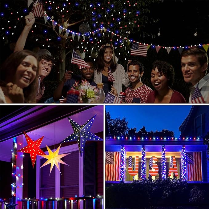 Red White and Blue Solar String Lights Outdoor, 2 Pack 80FT 200 LED Solar Outdoor Twinkle Light for 4th of July Independence Day Decor, Waterproof with 8 Modes, Garden Yard, Patriotic Memorial Decor