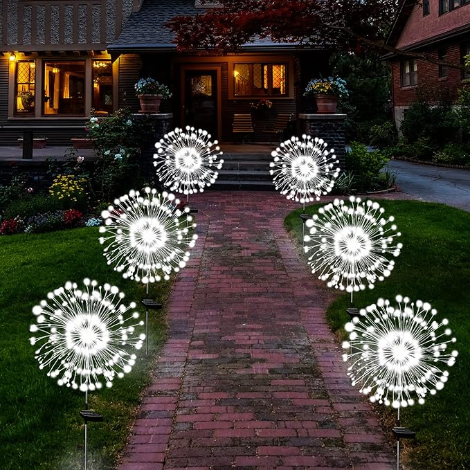 Solar Garden Lights Solar Firework Lights Outdoor Waterproof 4 Pack Solar Powered Art Stake Twinkle Lighting 180 LED Sparklers Solar Lights for Yard Pathway Patio Outside Party Decorations (White)