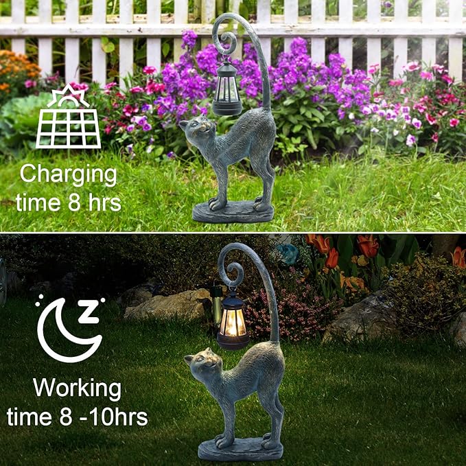 Resin Cat Statue with Solar Lantern, Eye-catching Garden Sculpture Decor,15.3" Height Outdoor Figurine for Garden Yard Patio Decorations,Birthday Gifts