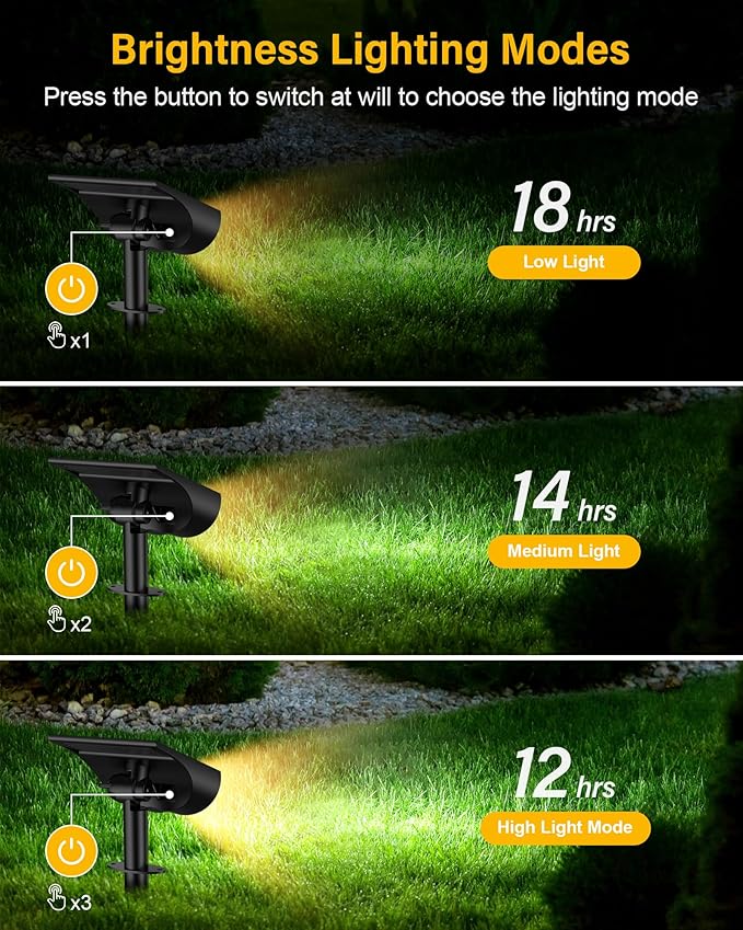 BAXIA TECHNOLOGY Solar Spotlights Outdoor Waterproof, 3 Lighting Modes Spot Lights Outdoor Solar Lights for Yard Pathway Driveway Landscape, Warm White, 4 Pack