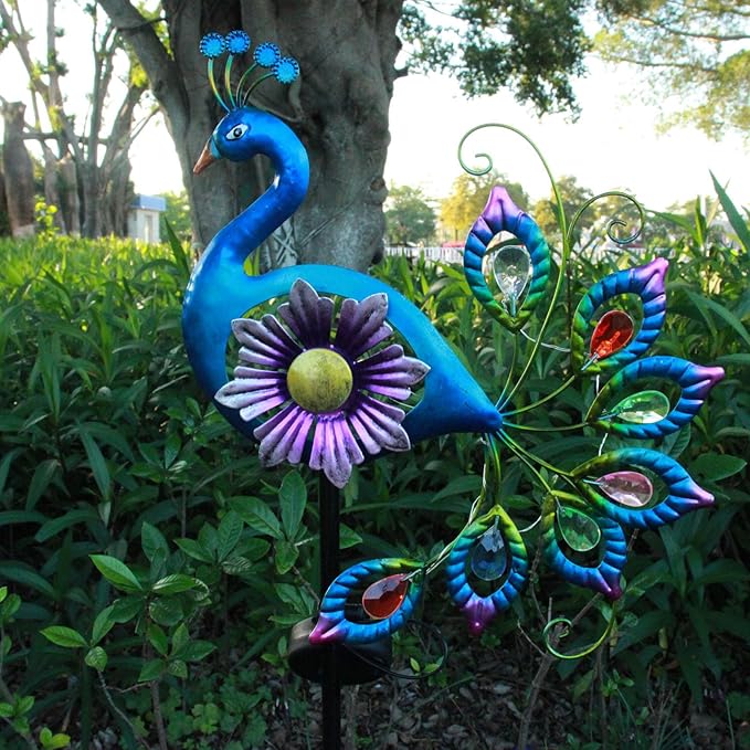 Solar Peacock Statue, Garden Metal Stake Lights Yard Decorations Outdoor,Perfect Peacock Gifts for Women, Ornaments,Mothers Day Ideal Gifts(Solar Peacock Flower )