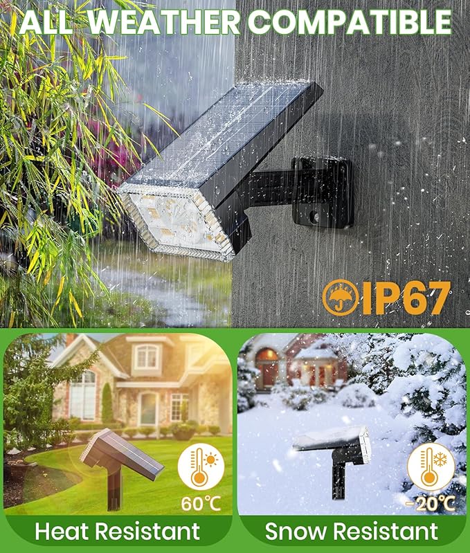 Solar Spot Lights Outdoor Waterproof IP67, 58 LED 3 Lighting Modes Solar Flood Lights, 2-in-1 Wall Light for Tree Yard Garden Pathway (Warm White, 1 Pack)