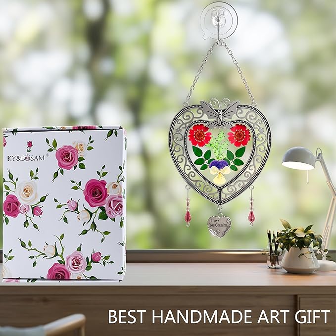 KY&BOSAM Tree of Life Heart Suncatcher I Love You Grandma Butterfly Hangings for Windows Suncatcher with Pressed Real Flower Heart and Charm Birthday Gifts for Women Mothers Day Christmas Ornament
