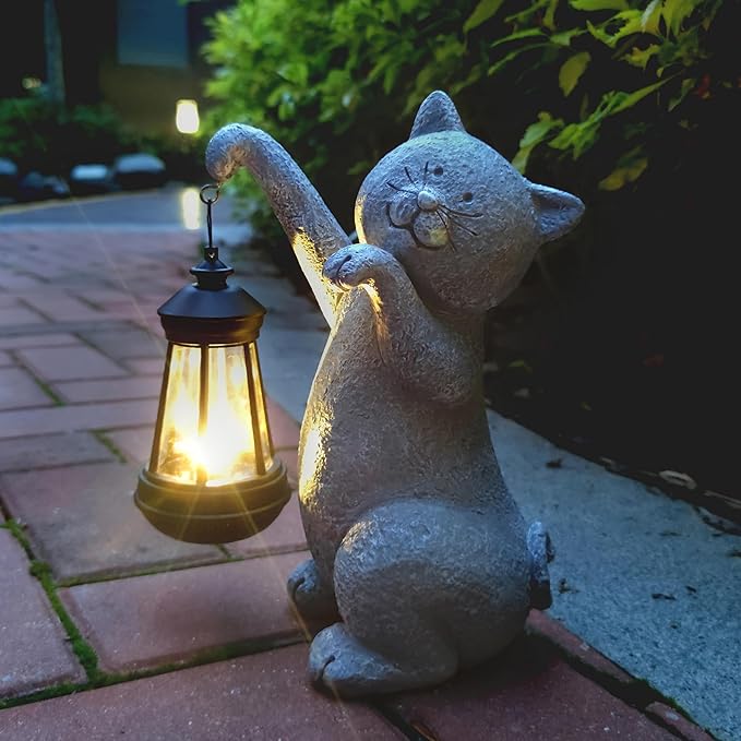Cat Solar Garden Statues,Resin Cat Figurine Decorations with Solar Lights Lantern, Outdoor,Statue Decor Art for Lawn,Yard,Unique Housewarming Gift for Garden Home