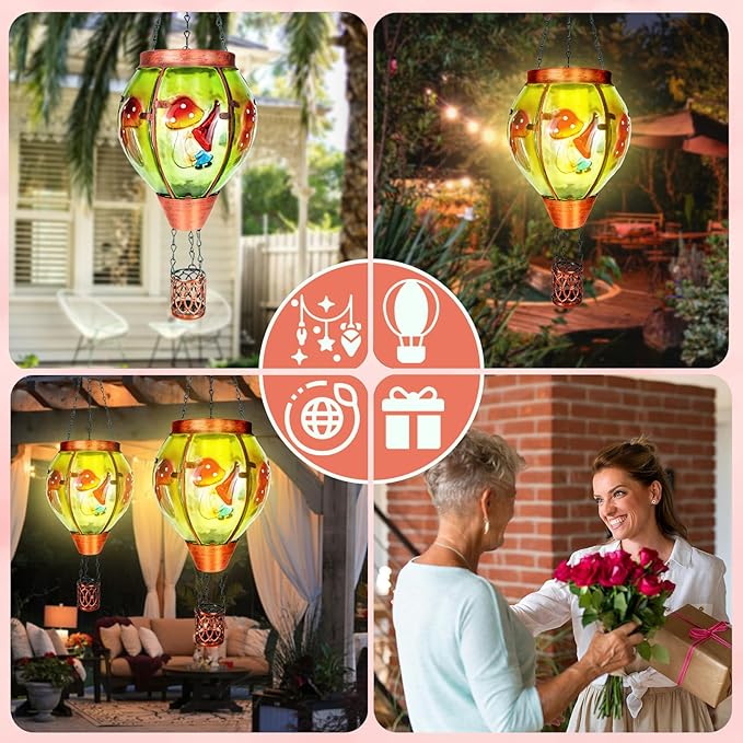 2 Pack Solar Hot Air Balloon Lantern with Flame,Mushroom Gnome Glass Solar Hanging Lanterns Outdoor for Outside Garden Patio Tree Porch Yard, Mushroom Gifts for Women Grandma Mom - Mushroom