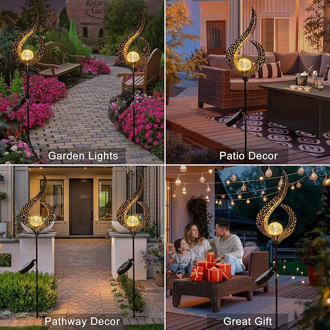 HOMEIMPRO Outdoor Garden Solar Lights Stake,Crackle Glass Globe,Metal Flower Waterproof LED Fairy Lights for Pathway,Lawn,Patio or Courtyard,Gardening Gift (Bronze)