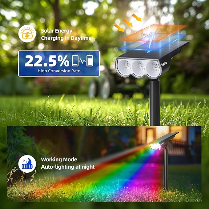 Barrina 36 LEDs Landscape Solar Spotlights, WRGB Solar Powered Dusk-to-Dawn Outdoor Garden Lights, 360° Horizontal Adjustable Spotlights for Garden Yard Patio Driveway Porch, 4 Packs