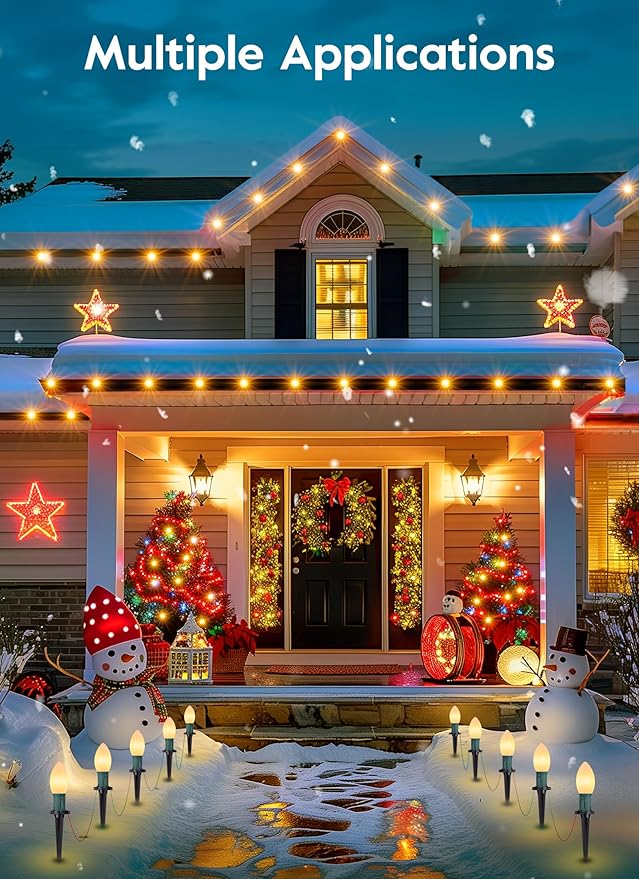 Brightown Frosted C9 LED Christmas Lights Outdoor, 2 Packs Total 64Ft Christmas Pathway Lights with 50 LED Bulbs and Stakes, Christmas Decorations Outside Driveway Walkway Sidewalk, Warm White