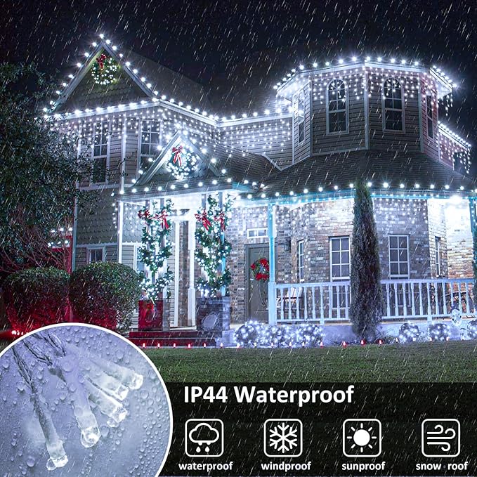 Christmas Icicle Lights Outdoor, 640 LED 66FT Icicle Lights for Outside with 8 Modes Timers, Waterproof Plug in Connectable String Light for House Roof Garden Party Wedding Decorations, White